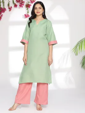 SageGreen CottonSlub LongKurta & Blush Palazzo